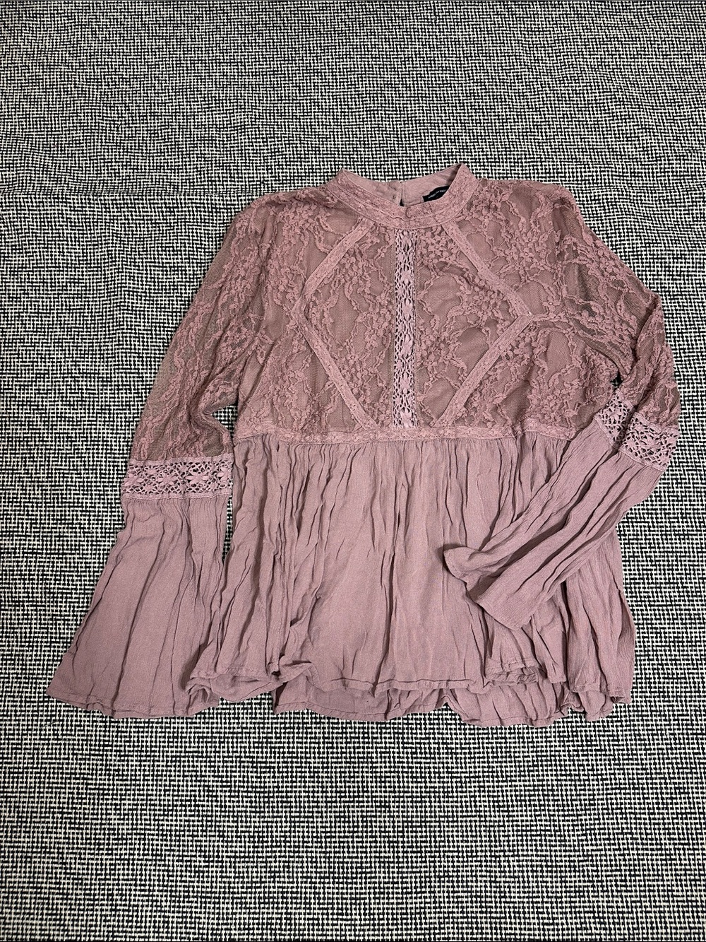 American Eagle Outfitters Lace Yoke Peplum Blouse - Mauve Pink